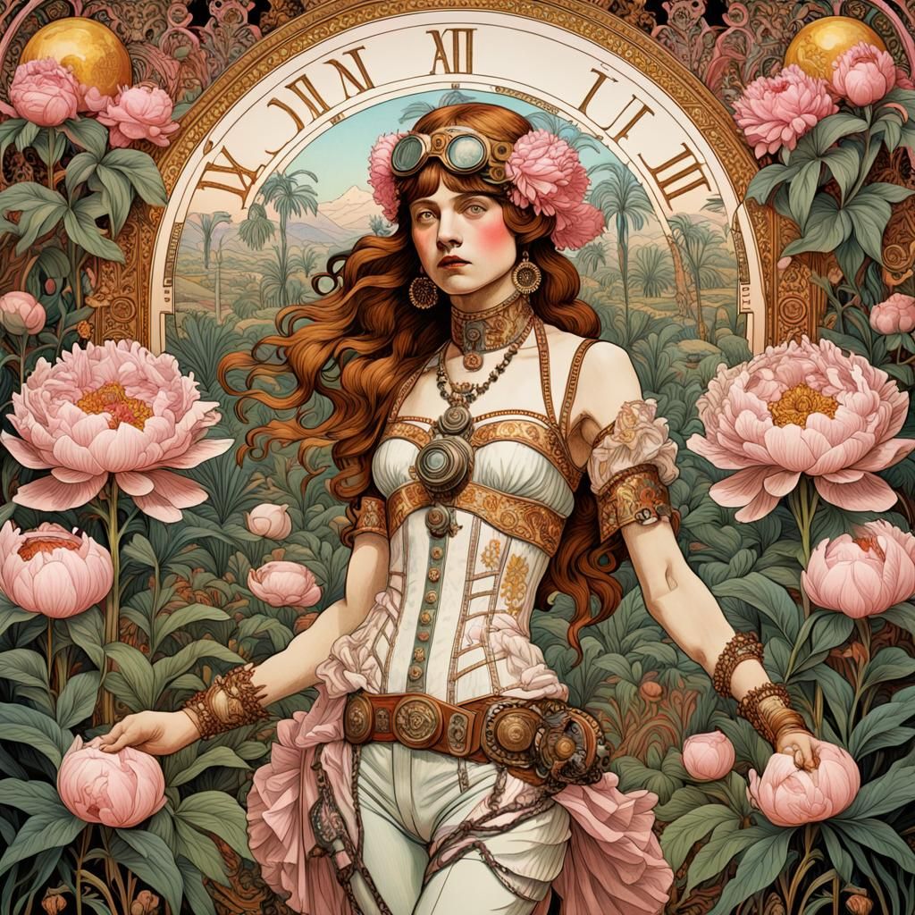Animatronic Woman with Peonies: Art Nouveau Illustration