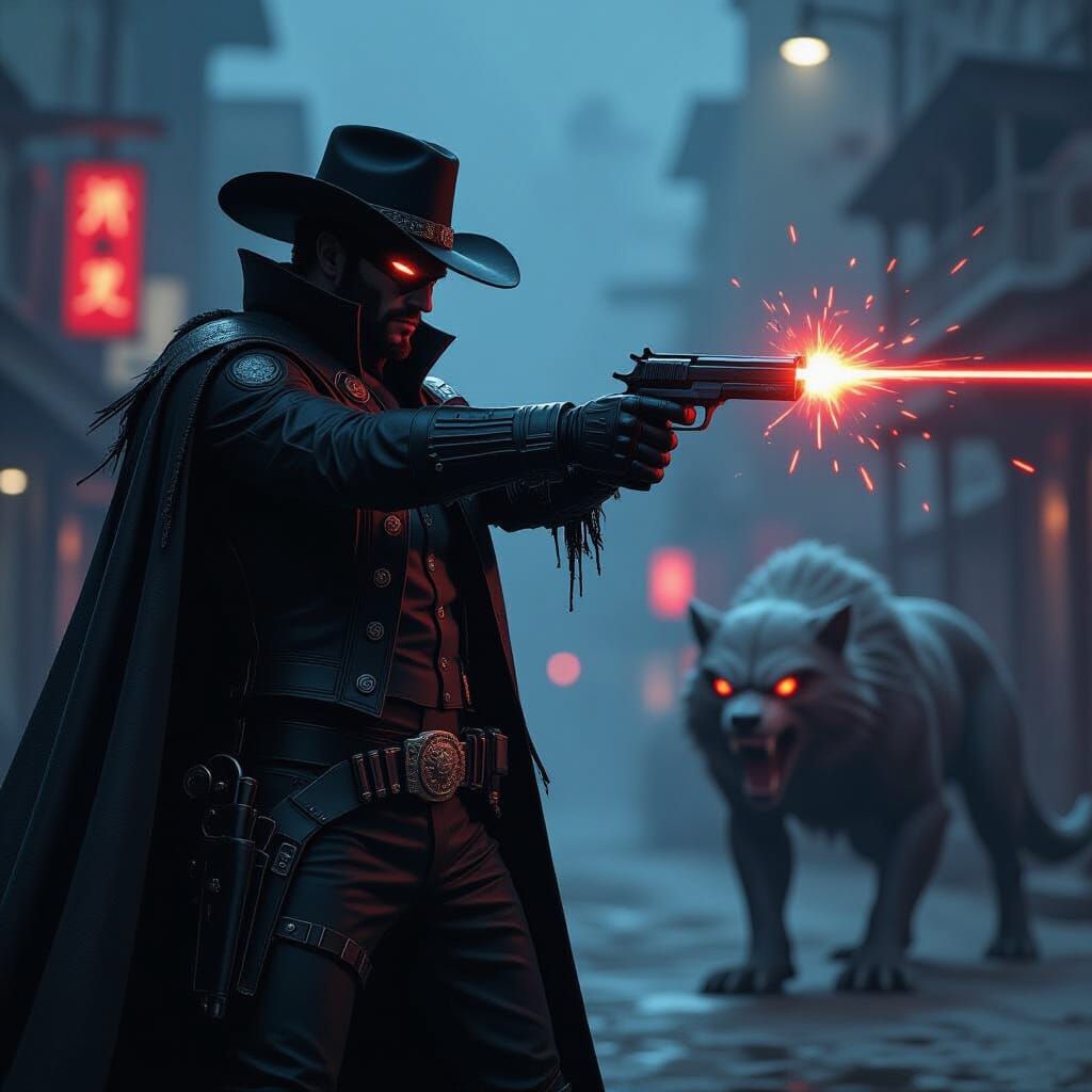 Android Gunslinger vs Predator in Neo-Noir Style