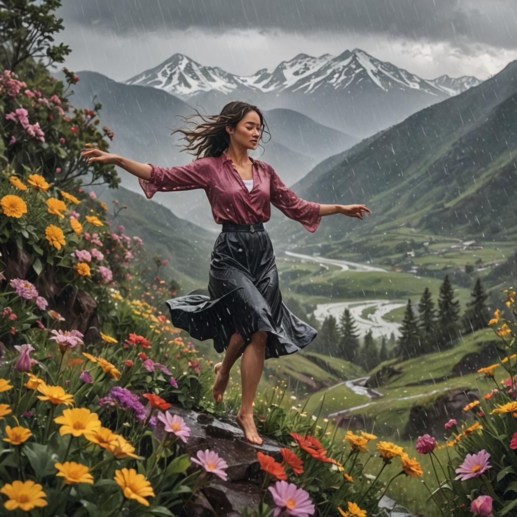 Woman Dancing in Rain: Flowers and Mountains