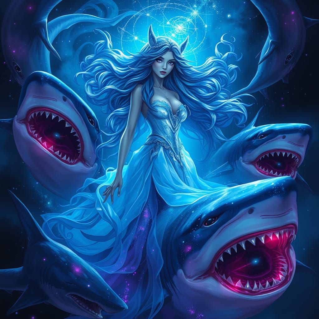 Neo-Fantasy Goddess with Sharks in Galaxy Ocean Style