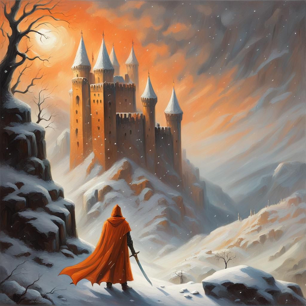 Hero at Castle Ruins: Gothic Medieval Oil Painting