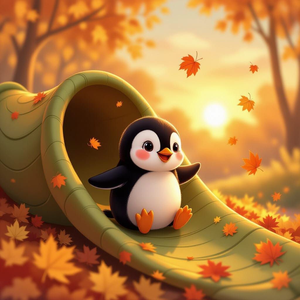 Cute Penguin Slides Down Leaf Slide in Autumn Sunset