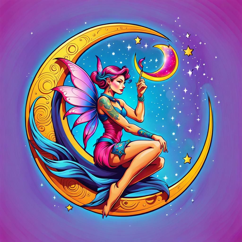 Cresnt Moon Fairy Tattoo Logo Design
