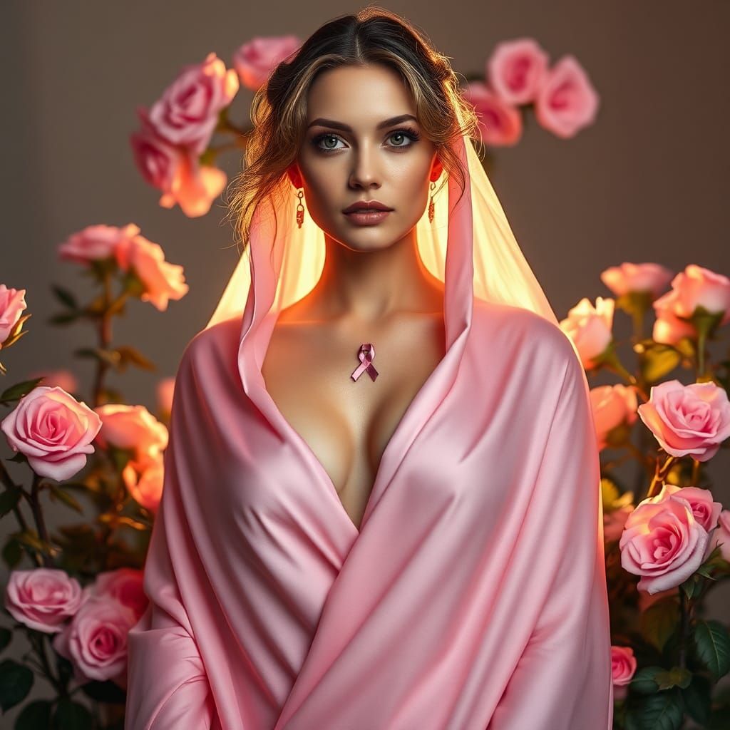 Majestic Woman in Pink Silk with Roses