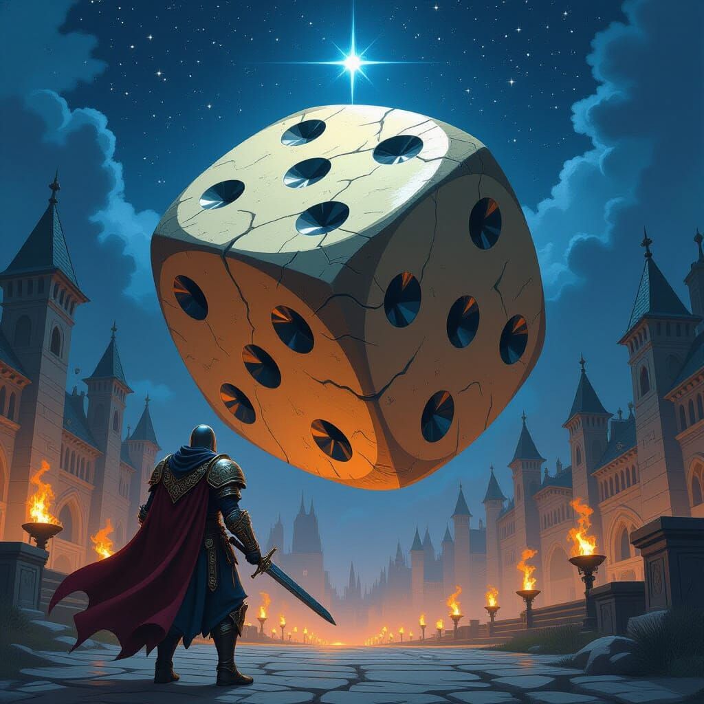 Medieval Warrior Approaches Colossal Dice at Night