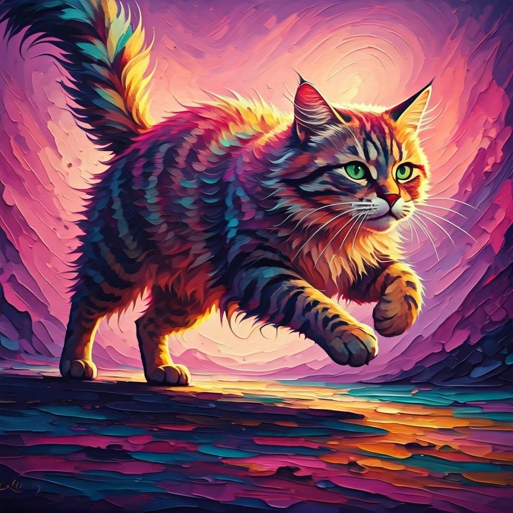 Expressive Cat in Motion Oil Painting