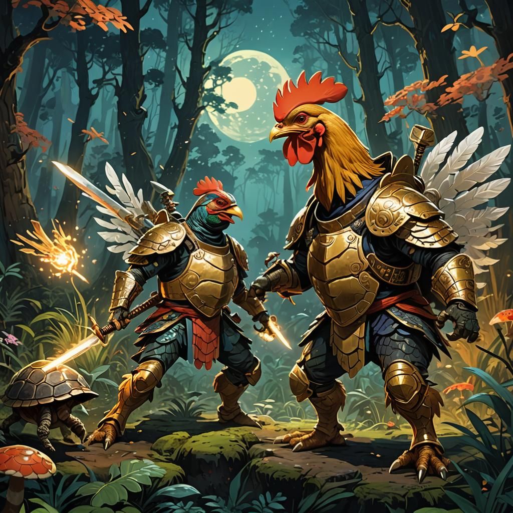 Chicken Warrior vs Turtle Samurai in Mystical Forest