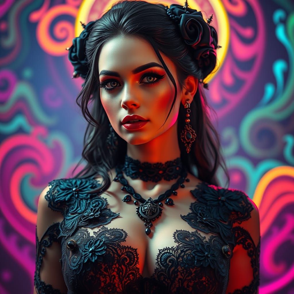 Gothic Woman in Vibrant Psychedelic Surroundings