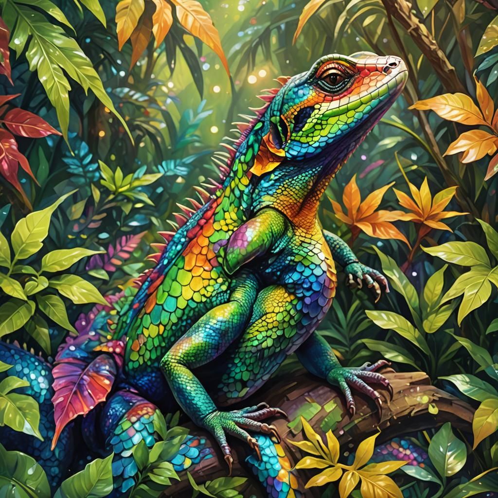Rainbow Lizard in Iridescent Jungle, Digital Art