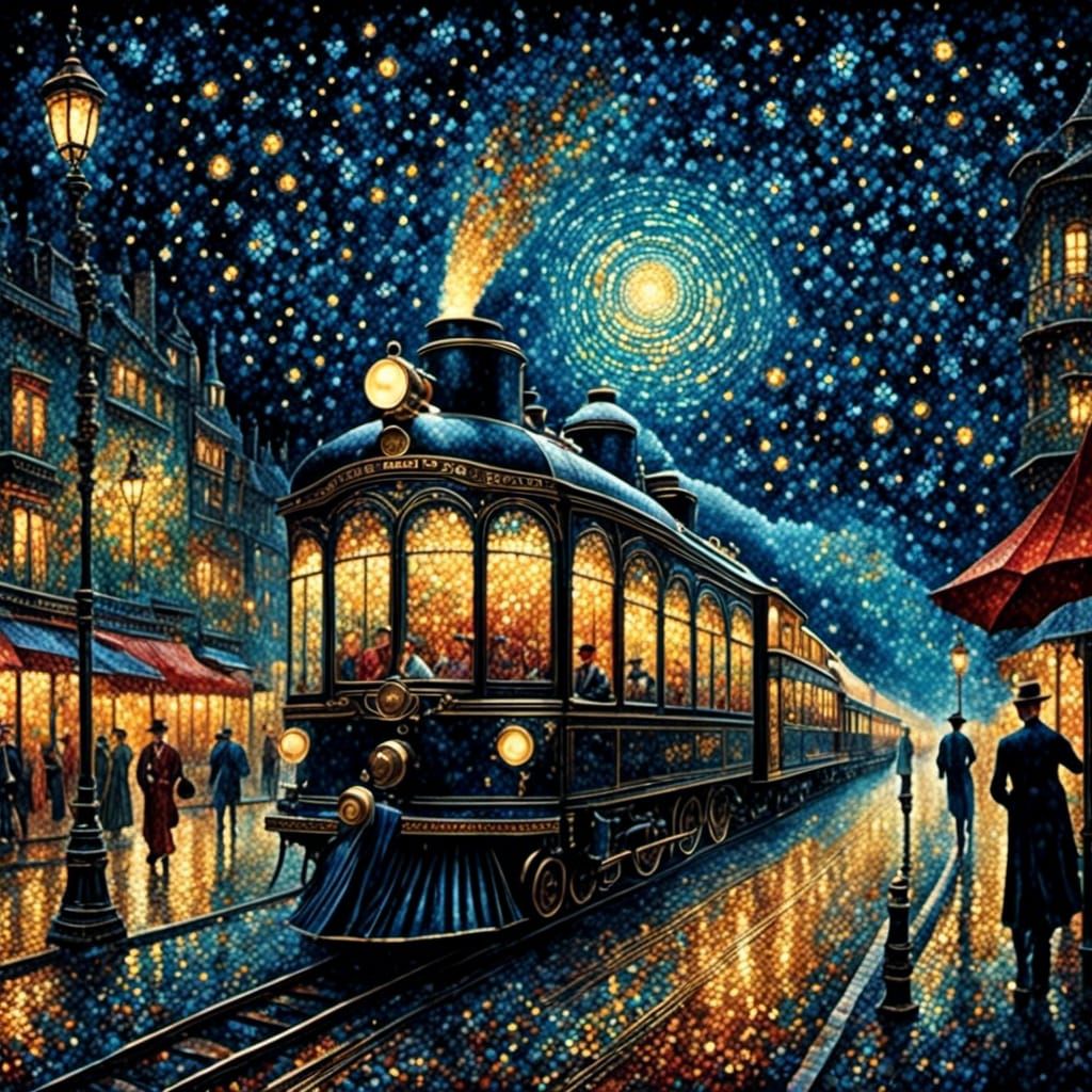 Orient Express at Night in Pointillism Style