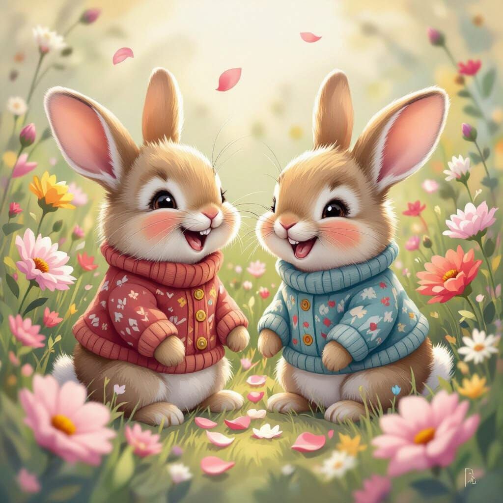Adorable Bunny Rabbits Laughing in Floral Wonderland