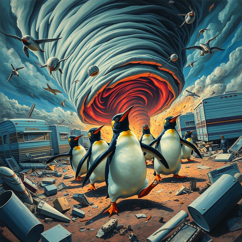 Penguin Tornadoes Devastate Trailer Park: Disaster Scene