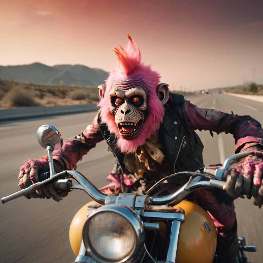 Zombie Monkey Clown Rides Motorcycle in Cinematic Style