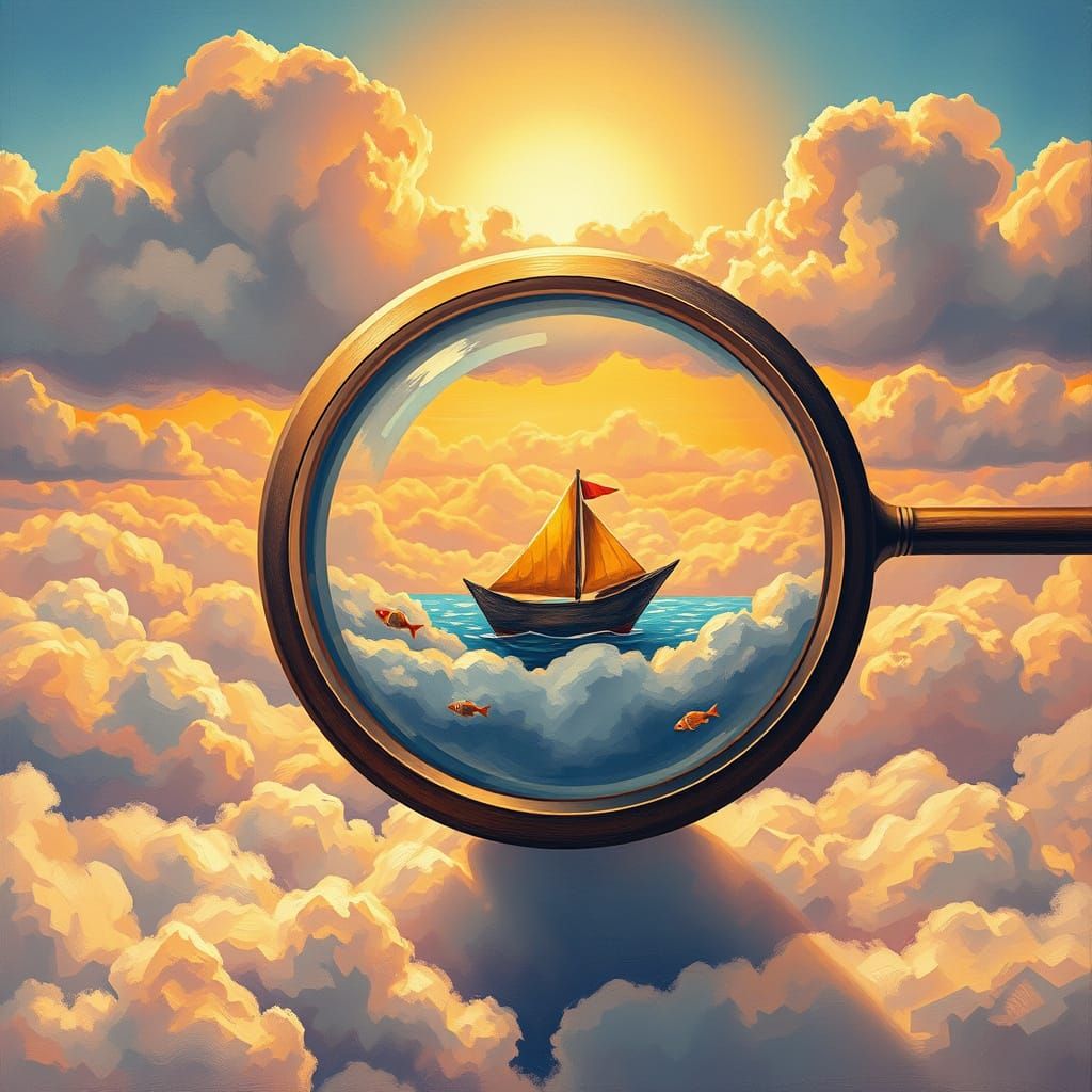 Giant Monocle Sky Scene with Paper Boat in Klee Style