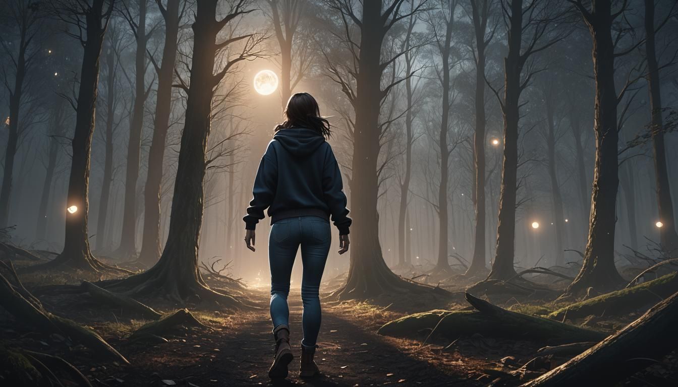 Girl Follows Light into Dark Woods: Fantasy Art