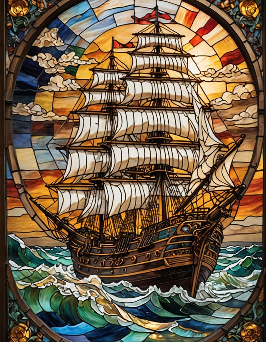 Stained Glass Sailing Ship in Impressionist Style