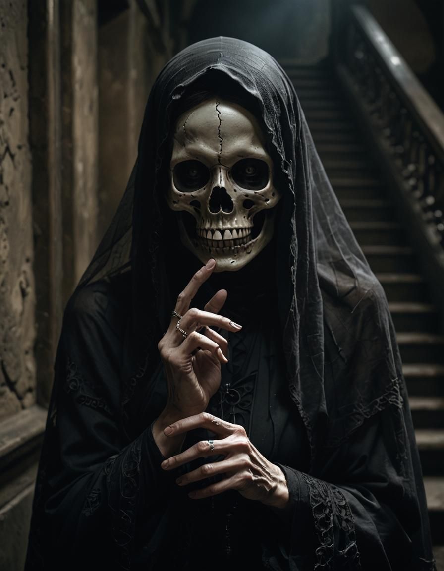 Woman in Dark Mansion Staircase, Shrouded Veiled Face