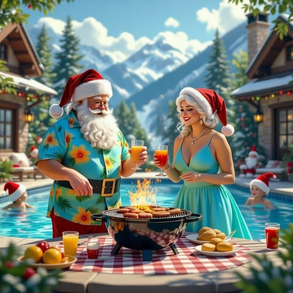 Santa and Elves Pool Party BBQ Celebration