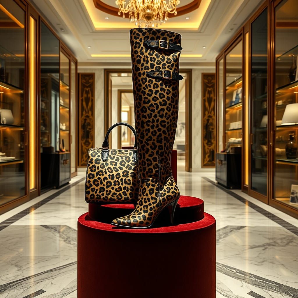 Luxurious Cheetah Print Boots and Handbag Displayed in an Op...
