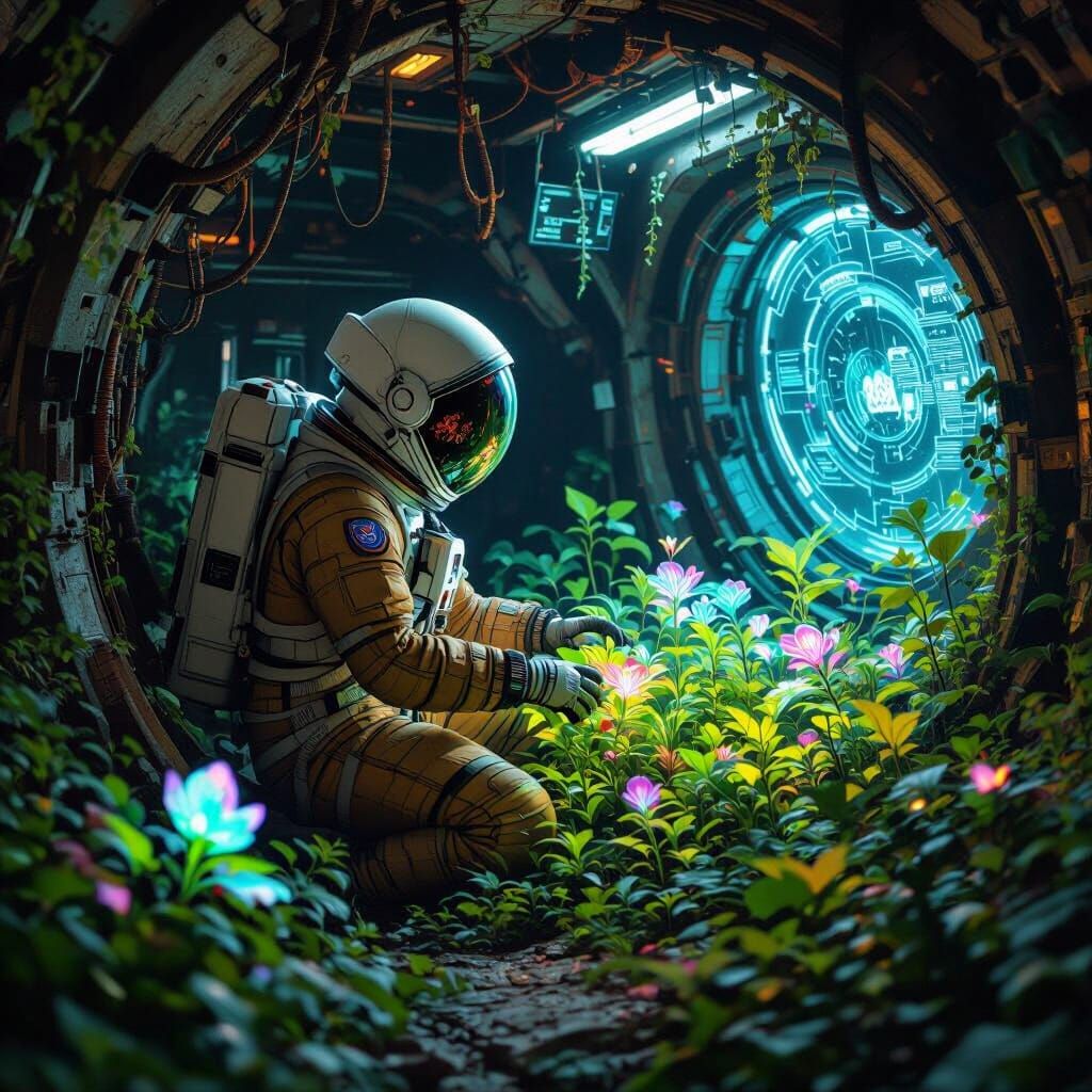 Astronaut's Bioluminescent Garden in Derelict Spaceship