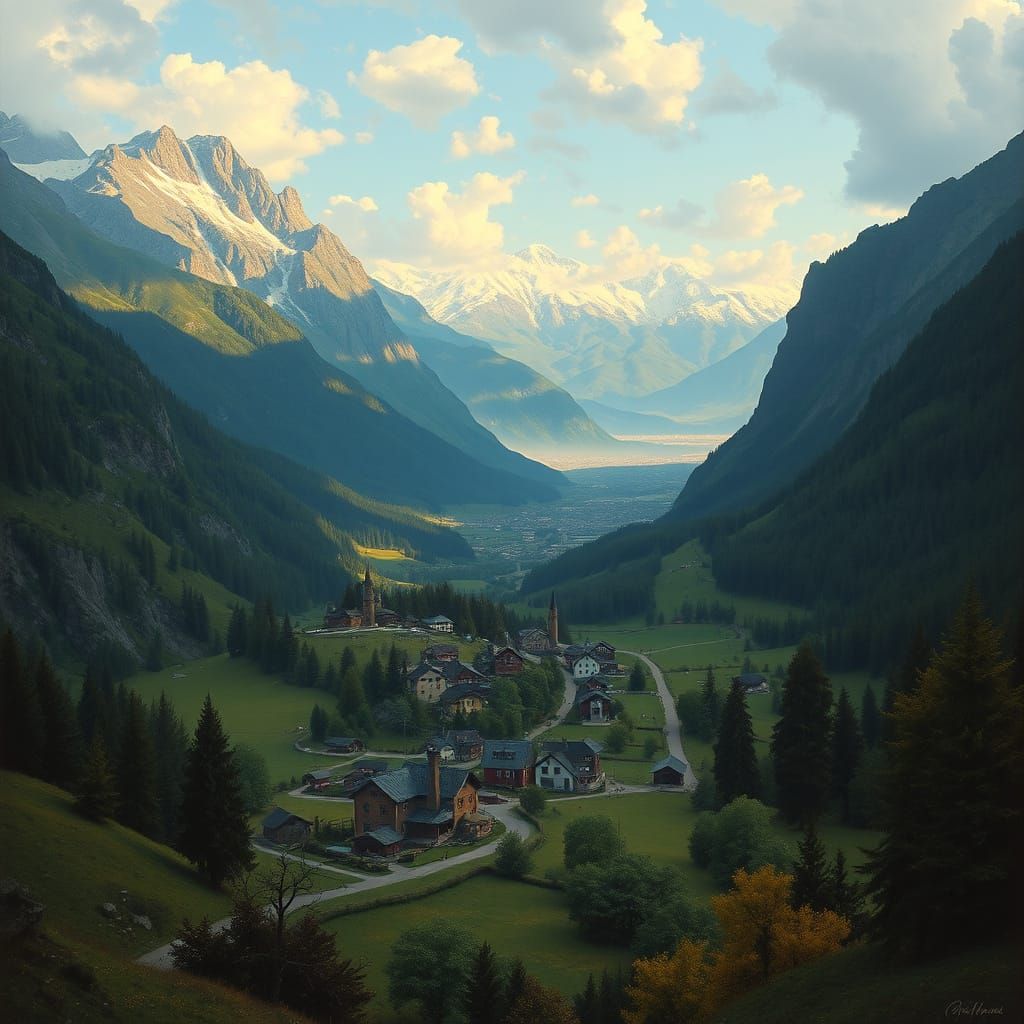 Picturesque Village Landscape with Mountain Backdrop