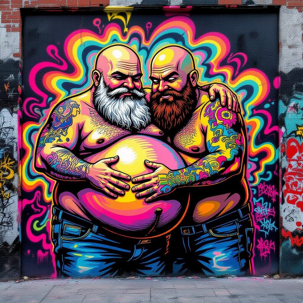 Psychedelic Punk Graffiti Mural of Embracing Men