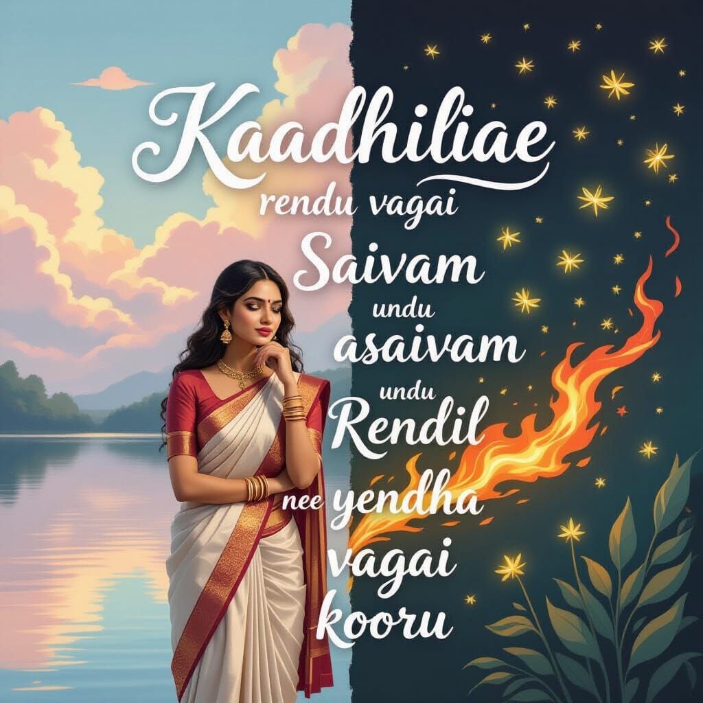 South Asian Woman Between Love Realms - Surreal Oil Painting