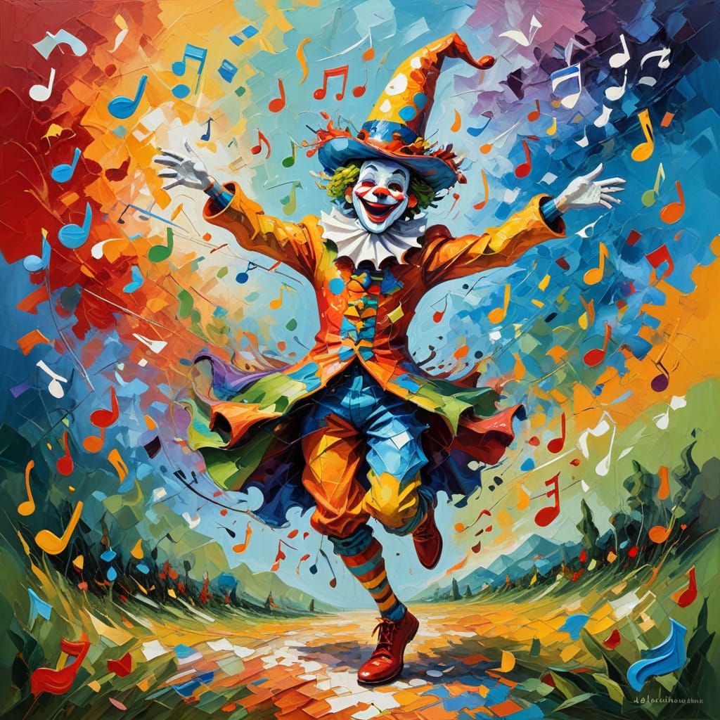 Whimsical Jester Dancing in a Dreamlike Musical Landscape