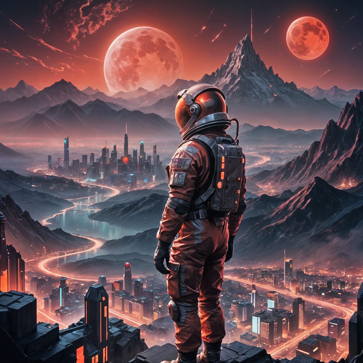 Astronaut Over Neon City: Detailed Matte Painting