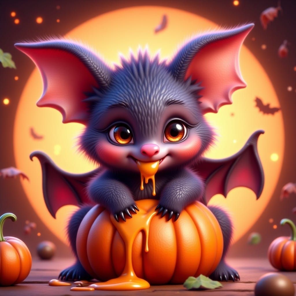 Chibi Bat with Pumpkin Juice, Pixar Style
