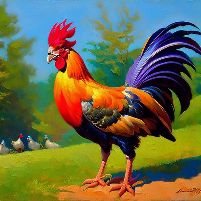 Colorful Rooster in Farmyard, Oil Painting Style