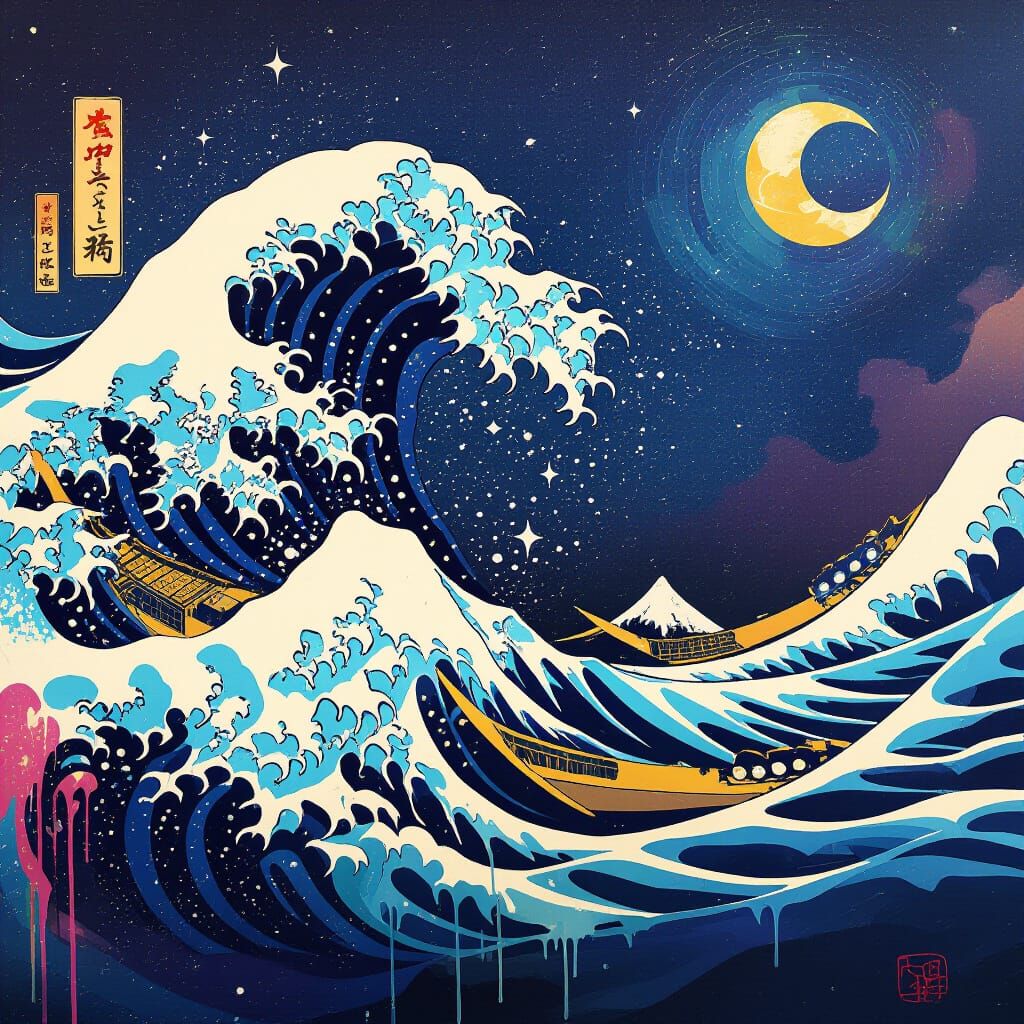 The Great Wave Off Kanagawa Under a Starry Sky