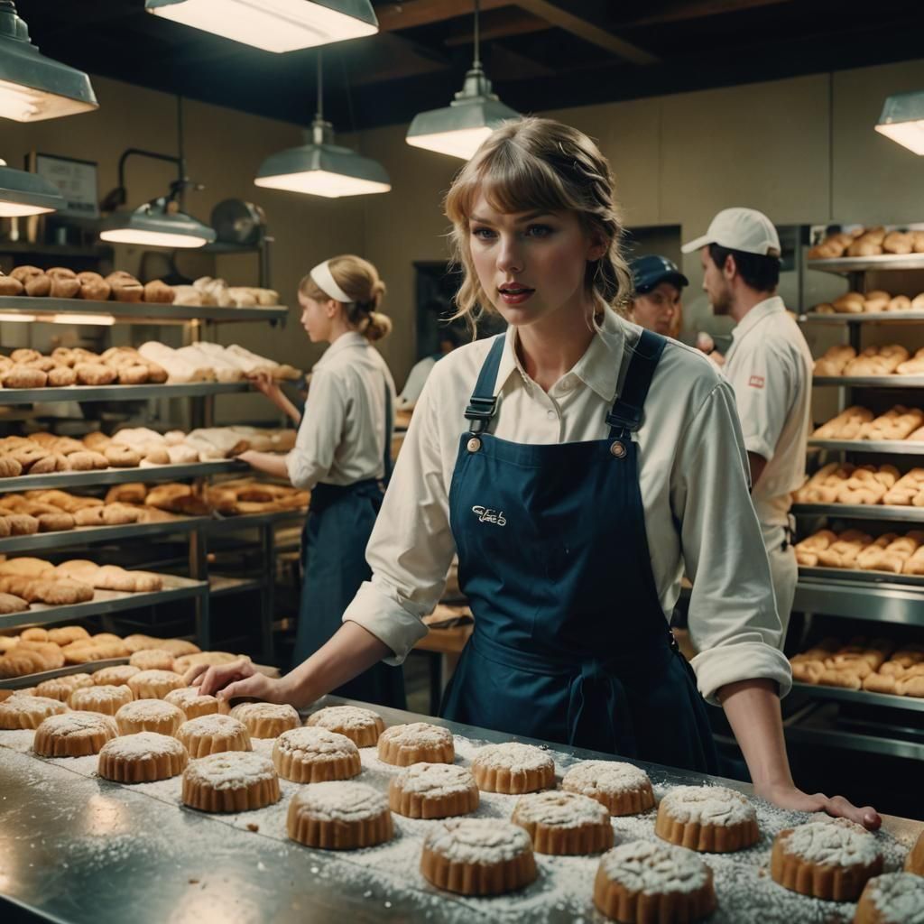 Taylor Swift Struggles in Bakery: Cinematic Film Still