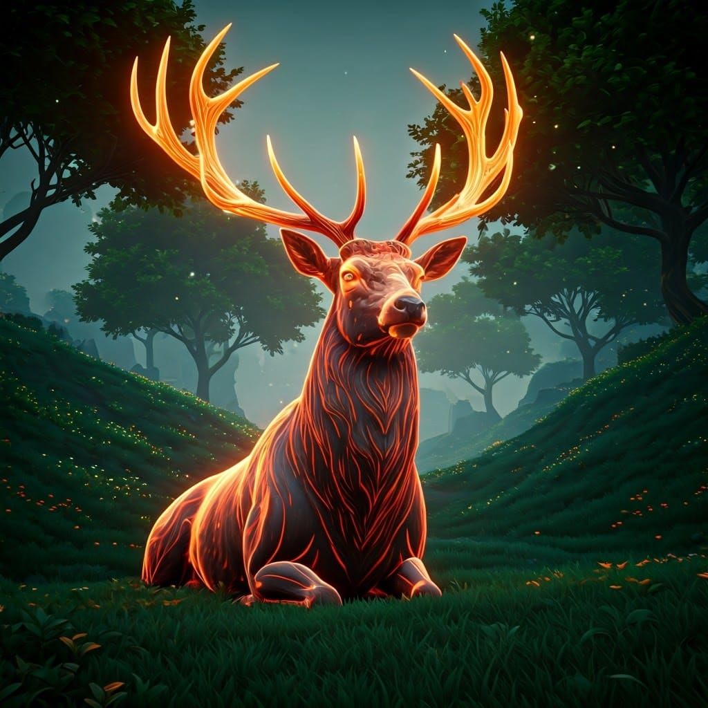 Glowing Red Deer in Mystical Forest