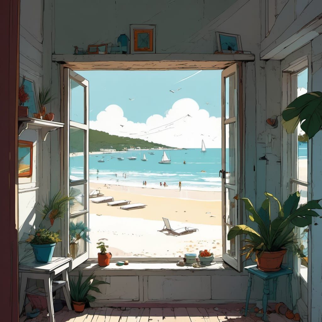 Dreamy French Window Frames a Vibrant Beach Scene in Cel-Sha...