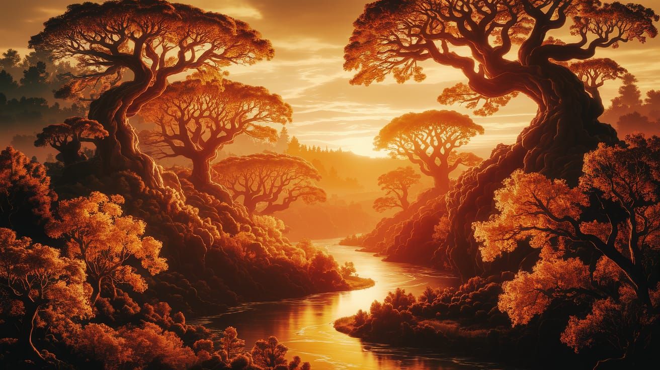 Forest Heart: Vibrant Sunset Digital Matte Painting