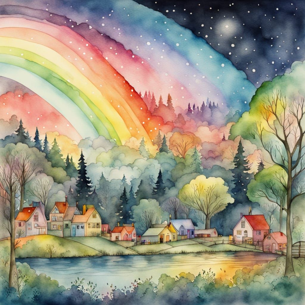 Dreamlike Rainbow Nightscape in Watercolour and Inks