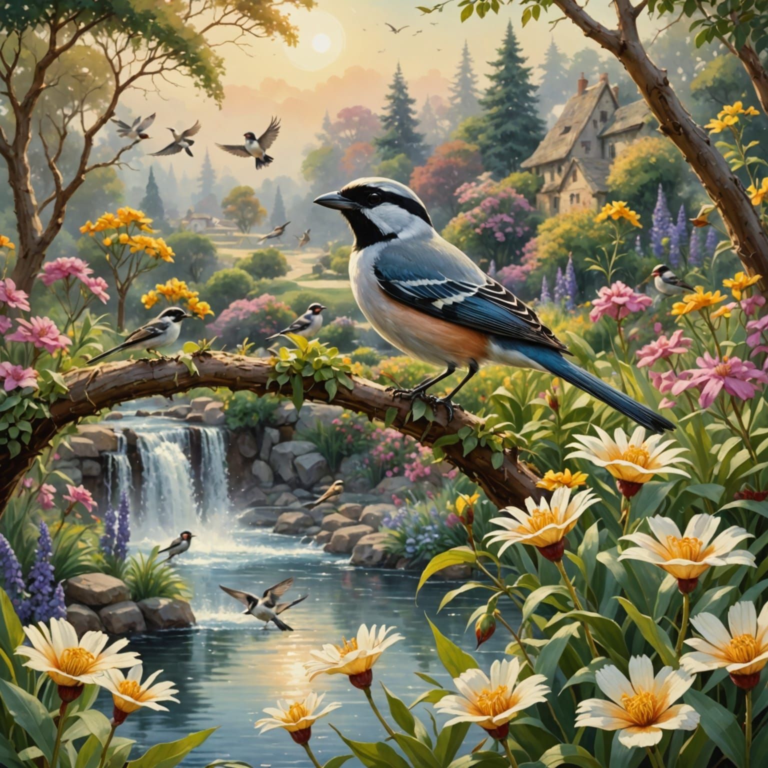 Sparrows Attacked by Birds in a Garden in Water Colour Style