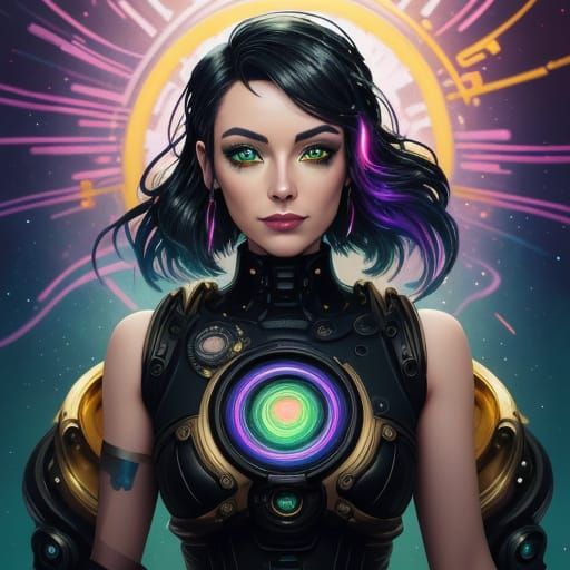 Goth Cyberpunk Goddess Radiates Neon in Vibrant Cosmic Citys...