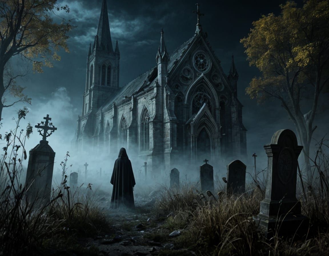 Mysterious Cloaked Figure in Eerie Gothic Graveyard at Night