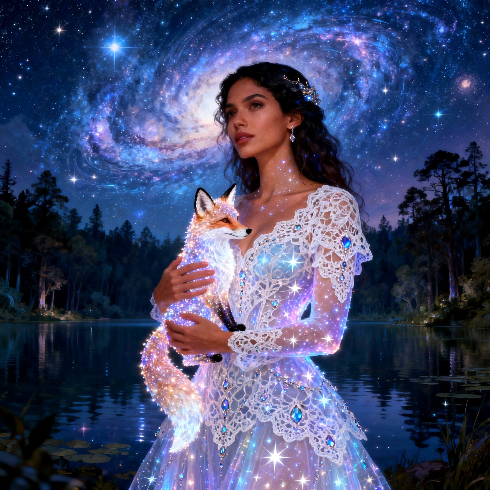 Luminous Latina Embraces Celestial Fox in Dreamscape