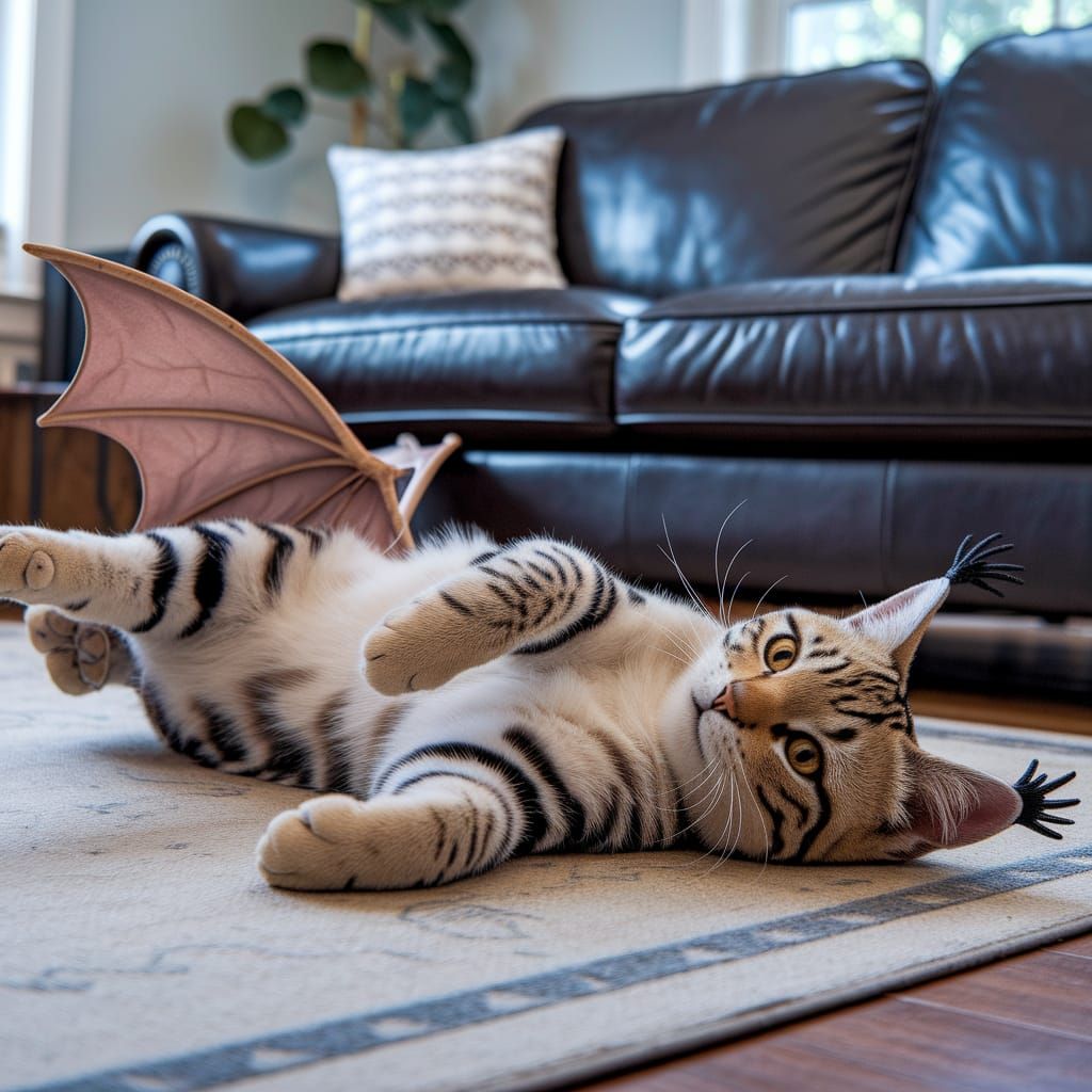 Fanciful Feline with Wings Unfurls on Cozy Rug