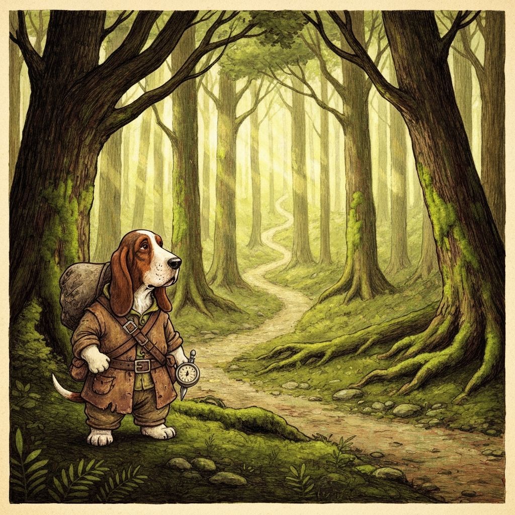 Basset Hound Adventurer in Enchanted Forest