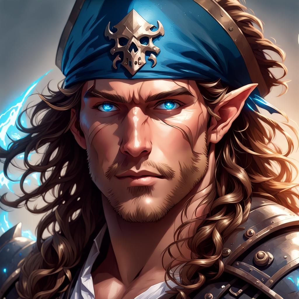 Handsome Elf Pirate with Glowing Eyes, Digital Art