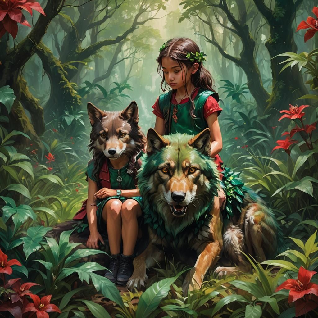 Girl and Wolf Gaze at Blood Orchid: Fantasy Oil Painting