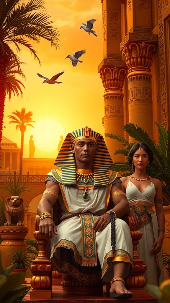 Ancient Egyptian Pharaoh in Golden Sunset Royal Garden