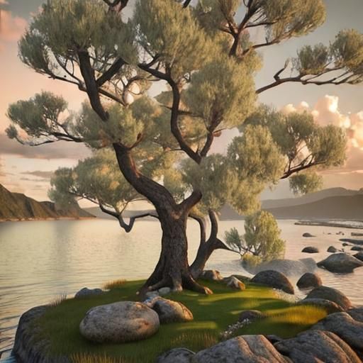 Sunset Over Water: Photorealistic Scene in Romantic Style