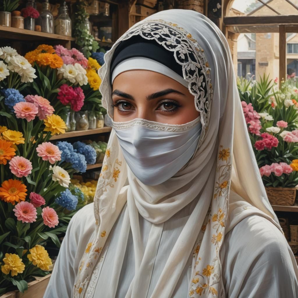 Niqabi Woman in Flower Shop: 18th Century Impressionism