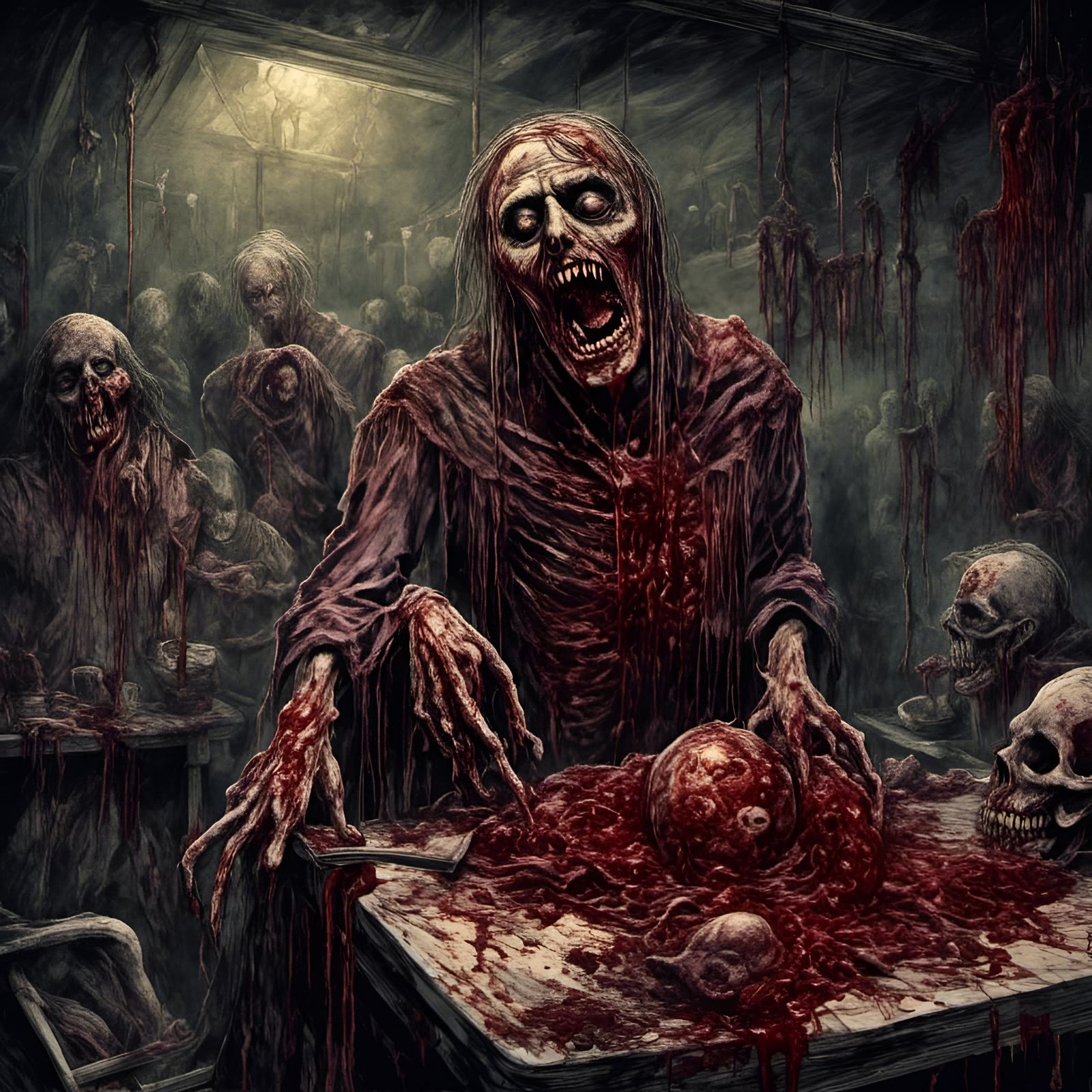 Rotting Zombie Cannibal Feast in Morgue, Creepy Illustration