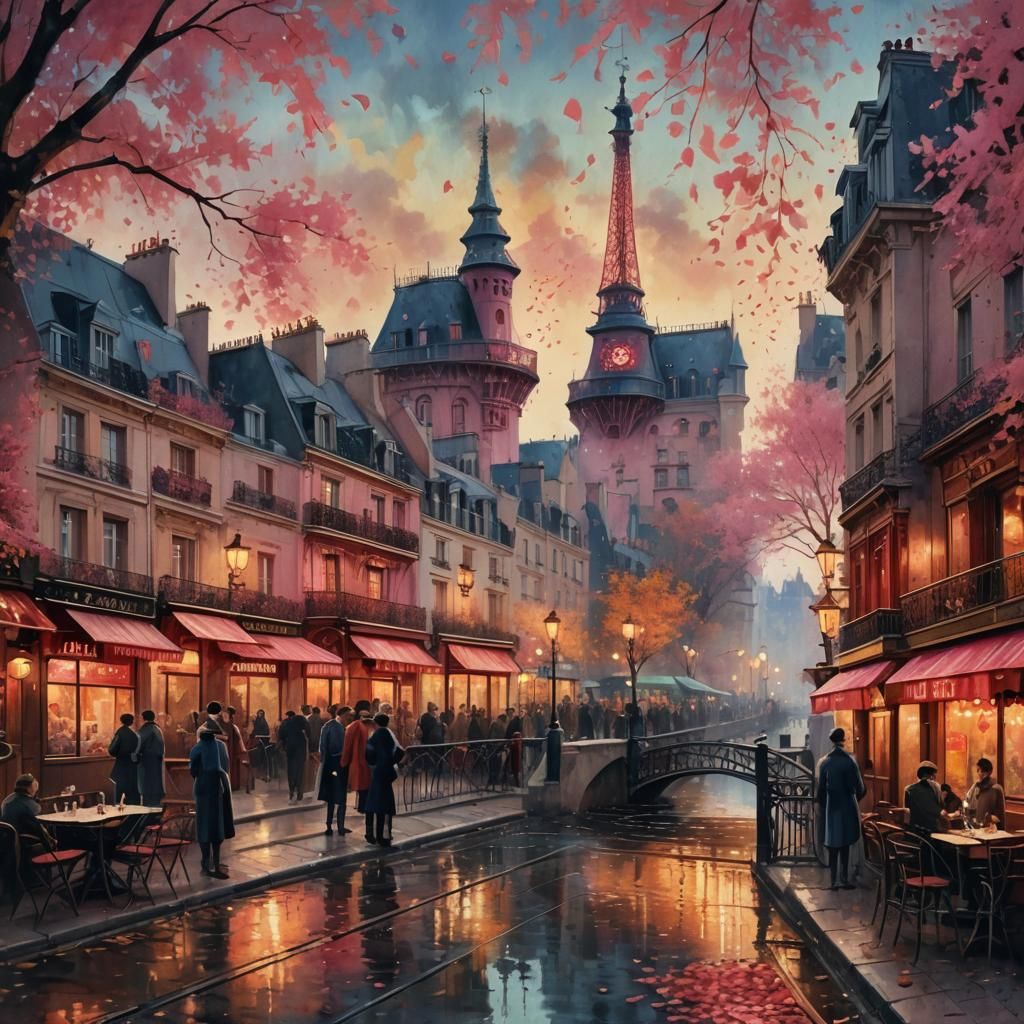 Parisian Lovers with Champagne in Watercolor Style